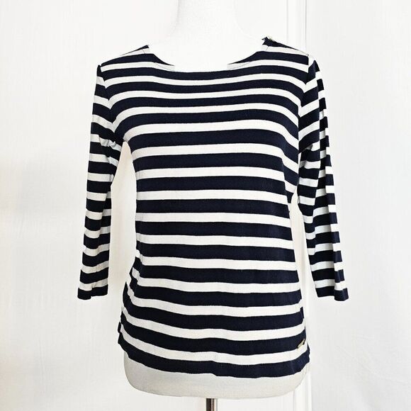 Ellen Tracy Tops - Ellen Tracy Medium White Navy Nautical Coastal 3/4 Sleeve Knit Shirt